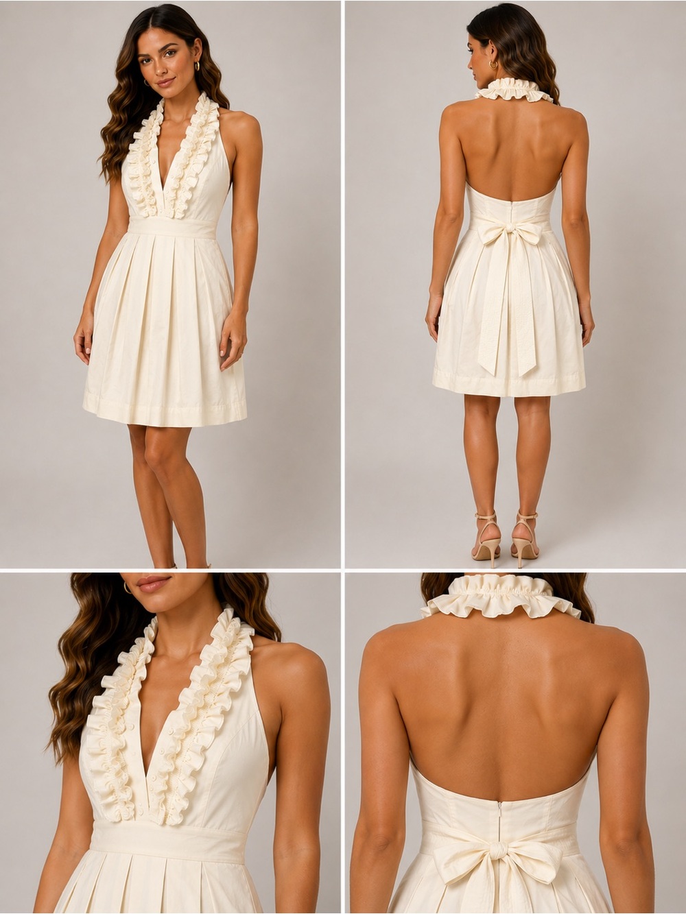 BCBGMAXAZRIA NWOT Ruffle Halter Deep V Dress Pleated Bow Back with Pockets 0